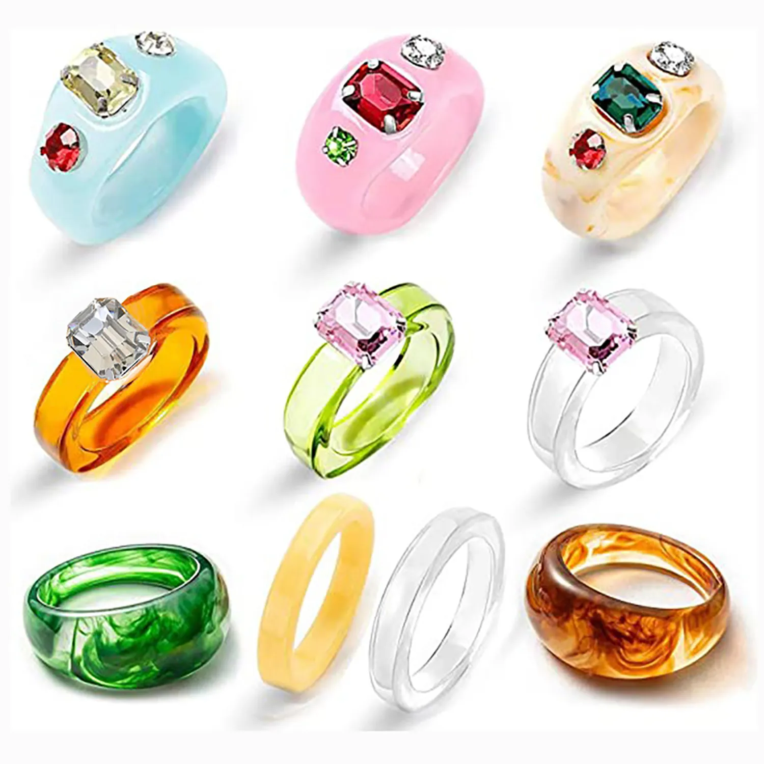 Anneaux de résine colorés Rétro Chunky Ring Unique Rignestone Fashion Empilement carré Bijoux Fondeurs Cadeau à la mode pour les femmes et 244C