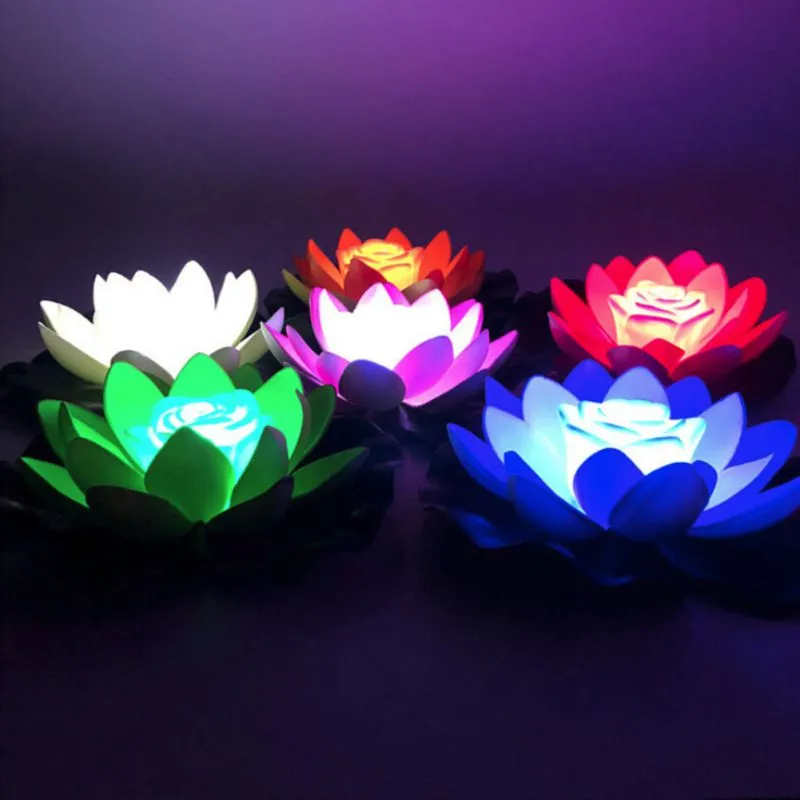 인공 플로트 플라워 라이트 LED 다채로운 로터스 방수 가짜 연못 연꽃 잎 백합 물 랜턴 축제 장식 빛