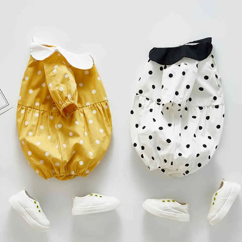 Mönster sommar baby romer tjej ren bomull kostym söt polka dots kortärmad ha yi jumpsuit utgående kläder 210429