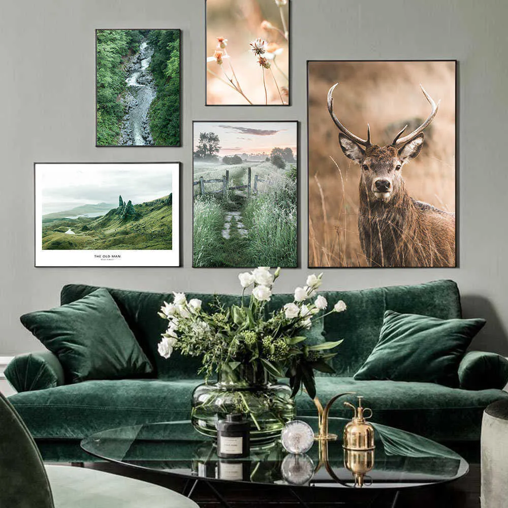 春の風景ポスターシカの壁印刷山アート写真自然景色のキャンバス絵画ノルディックスタイルのリビングルーム装飾7553470