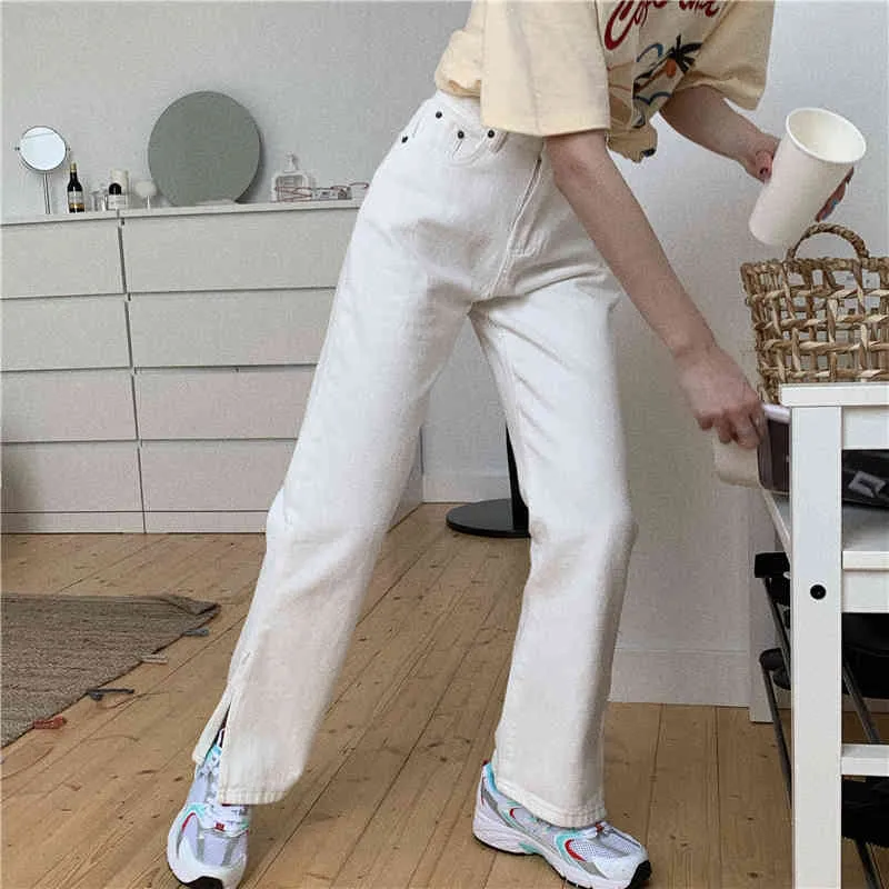 Qooth Beige Straight Leg Split Jean Trousers Women's Wide Leg High Waist Loose Thin Jean Pants Summer Long Jean Trousers QT680 210518