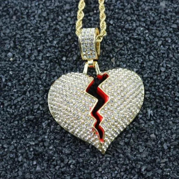 Broken Heart Iced out Pendant Necklace Men's Bling Crystal rhinestone Love charm Gold Silver ed chain For women Hip hop 234d