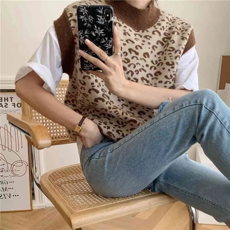 Leopard Stickad tröja Vest Women Sleeveless Polo koreanska Vintage Fashion Pullover Mujer 210.514