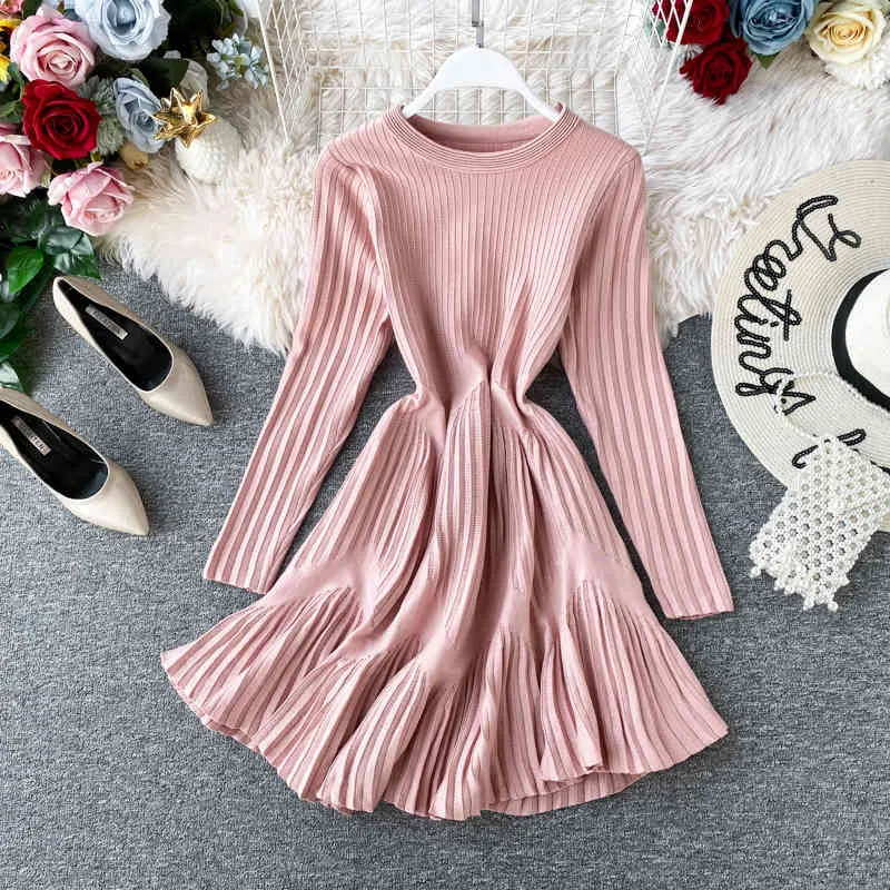 Women's Autumn Winter Long Sleeve Sweater Dress Solid Slim Fit Thick Bottom Pleated Knit Above Knee A-line ML478 210506