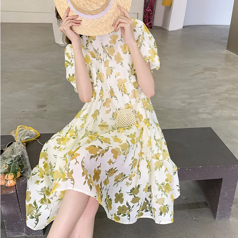Summer Streetwear Vintage Yellow Floral Printed Party Dress Women Puff Sleeve Female Cute Sweet A-line Boho Holiday Long 210514