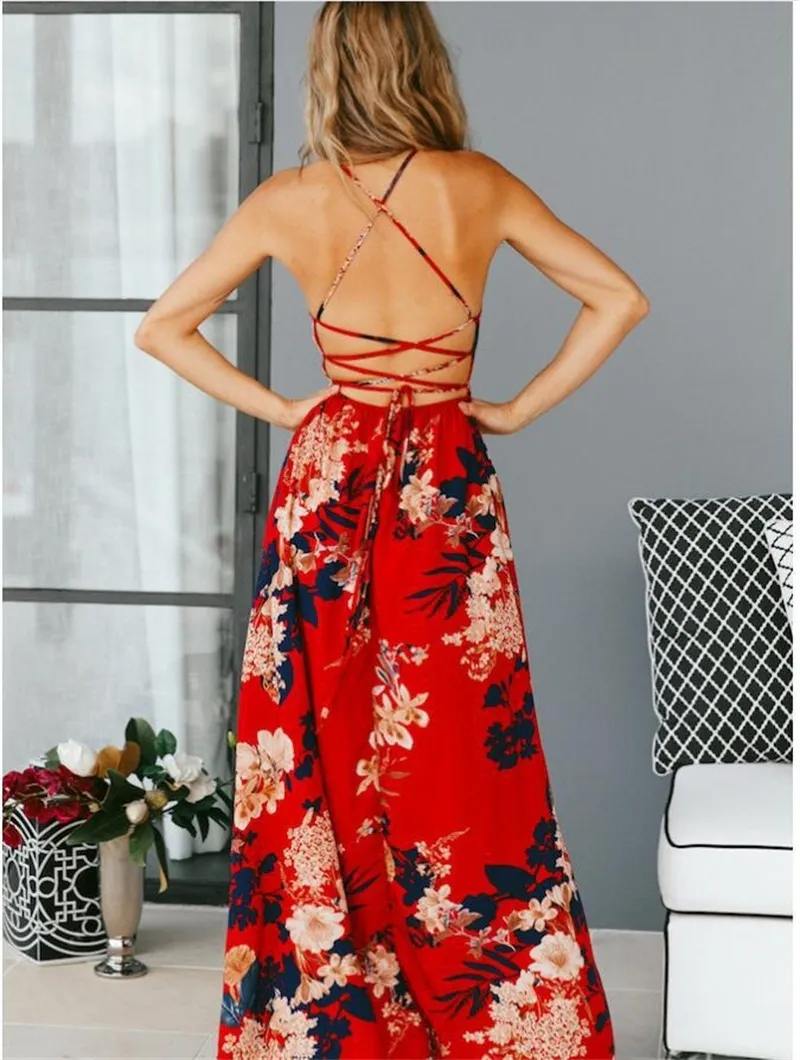 Summer dress women bing vestidos red floral sexy backless sundress maxi boho chiffon beach dresses autumn long casual jurk 2021 210320