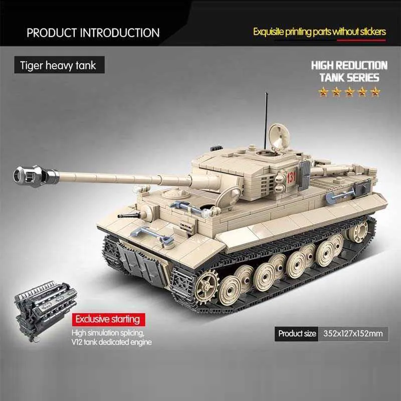 Militär 1018 stücke Tiger 131 Heavy Tank Modell Baustein WW2 Waffe Armee Soldat Figuren Ziegel Sets Kinder Geschenke Spielzeug h0917