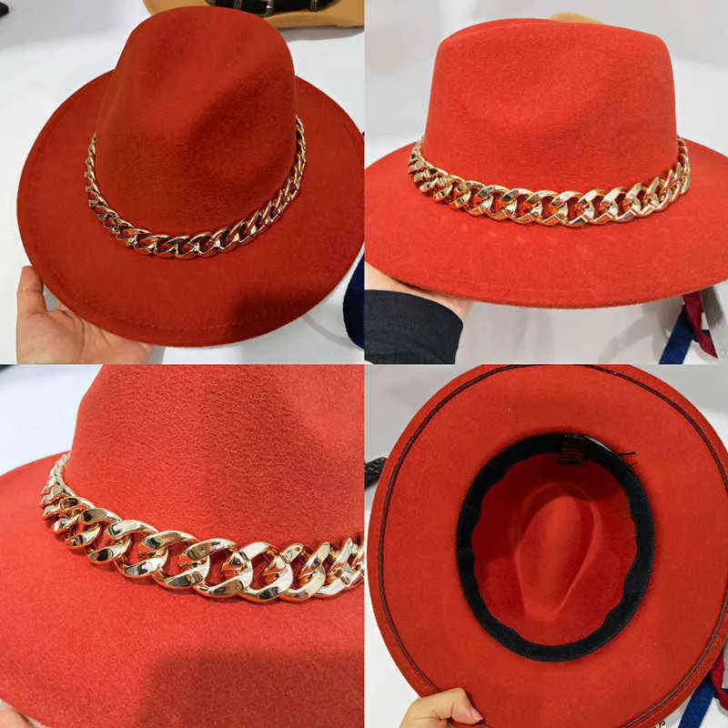 Chapéus Fedora para homens, aba larga, grossa, corrente dourada, banda, chapéu de feltro, boné Jazz, inverno, outono, chapéu panamá, vermelho, luxuoso, chapeau femme, 211215