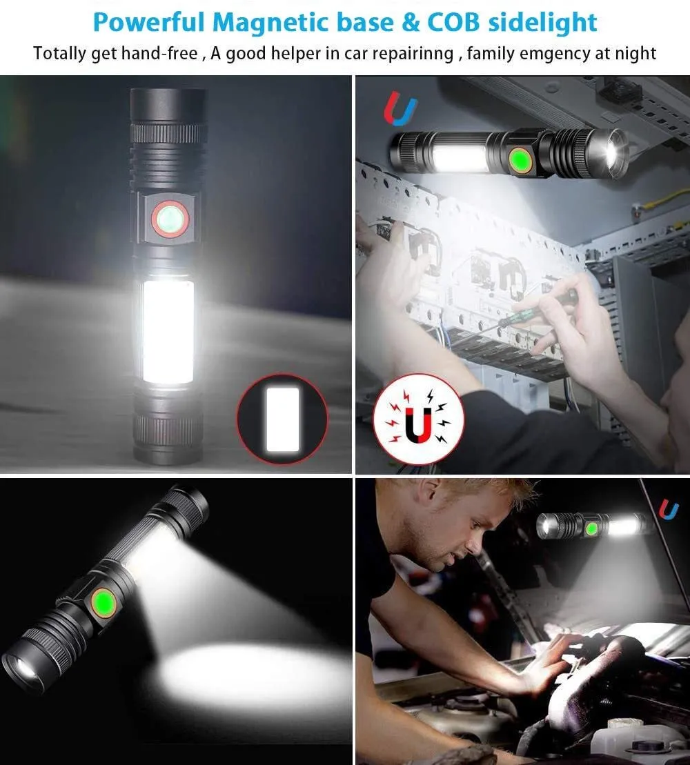 8000lm lanterna recarregável USB Tocha de LED magnética super brilhante com a Libe SideLight, um clipe de bolso, zoomable para acampar 210322