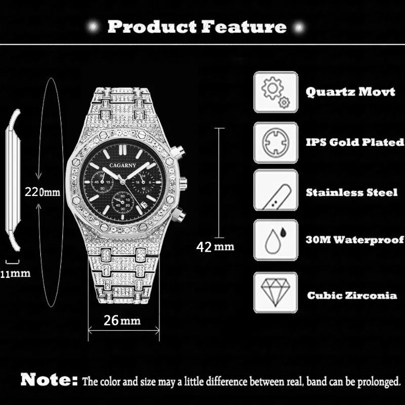 Cagarny relógio masculino com diamantes completos, hip hop, gelado, quartzo, relógio de pulso, prata, à prova d'água, cronógrafo, re248q