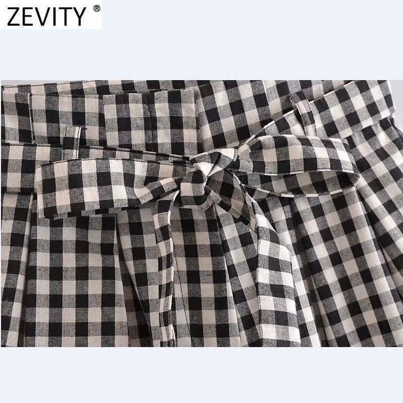 Zevity Women Vintage Plaid Print Summer Paper Bag Skirts Shorts Female Chic Bow Tied Sashes Pantalone Cortos P1132 210603