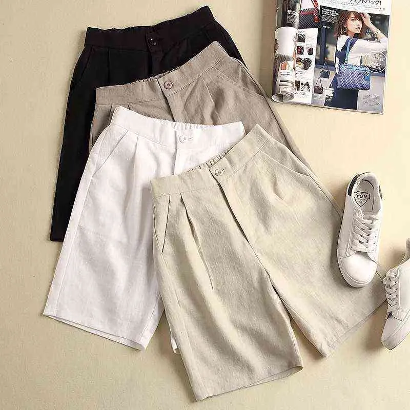 Pantalones cortos de algodón y lino para mujer, talla grande, novedad de verano 2021, versión coreana de sección delgada, cintura alta, pantalones cortos informales de pierna ancha Y220311