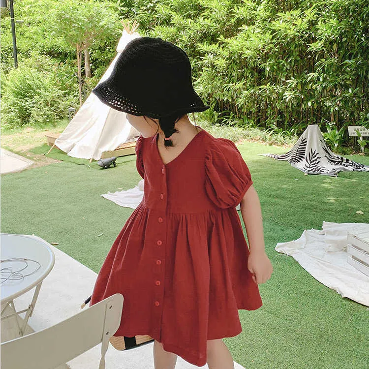 100% algodão criança vestido vestido para crianças roupas casuais botão de linha sólida A-line Sundress 210529