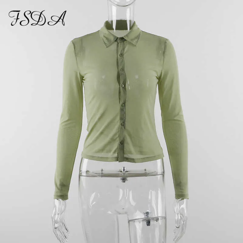 FSDA MESH Långärmad Crop Top Kvinnor Brun 2021 Sommar V Nacke Se igenom Y2K Basic 90s Vintage T-shirts Sexig grön transparent Y0621