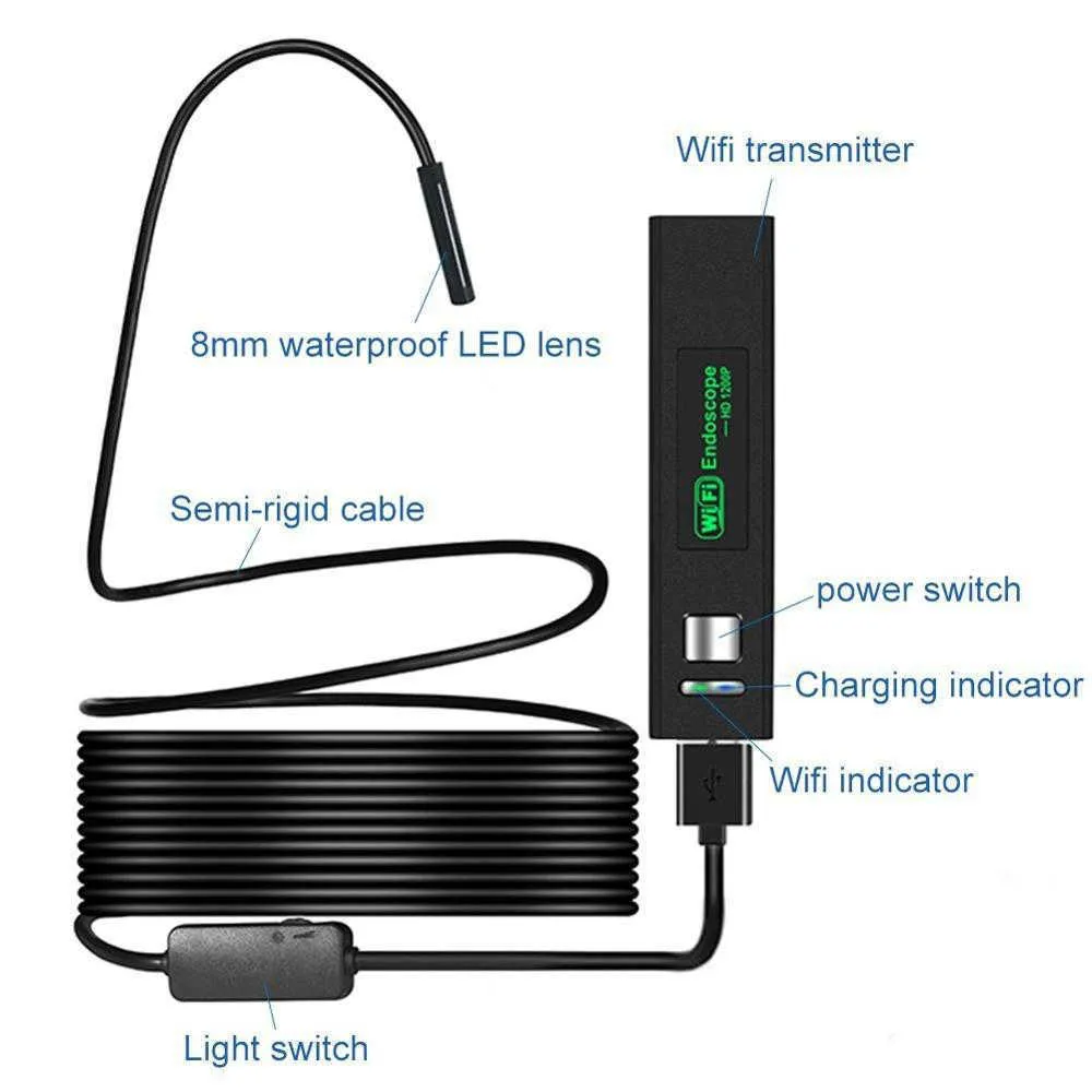 1200p Dual-Lens Bil Underhåll Endoscope Trådlöst endoskop med 8 LED-inspektionskamera Zoombar Snake Kamera för Android Ios