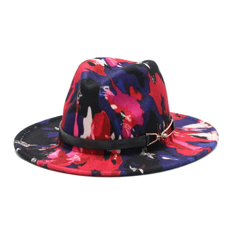 Brede Rand Hoeden Kleurrijk Gedrukt Fedora Hoed Lente Herfst Heldere Kleur Wollen Jazz Mannen Vrouwen Vilt Tie-dye Wol-achtige Panama279Z