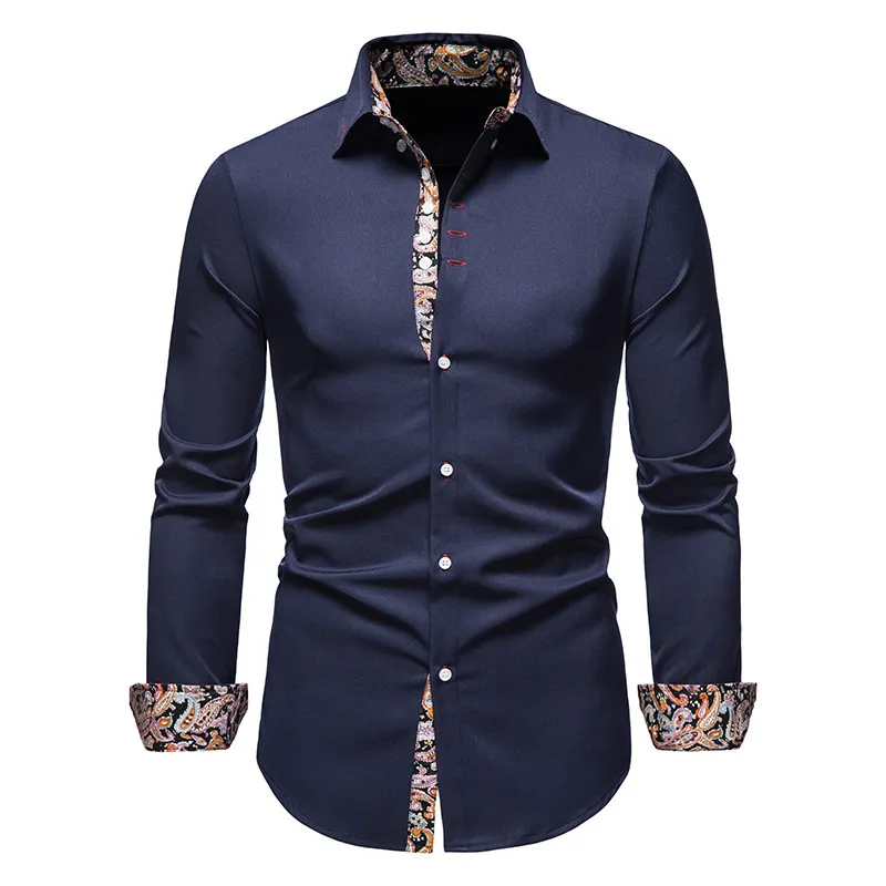 Svart Paisley Mens Shirt Patchwork Slim Långärmad Casual Skjortor Män Splice Skriv ut Arbete Business Bröllop Camisas Spring Märke 210524