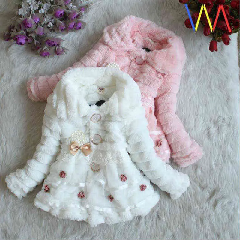 Winter volle Hülse Leopard Faux Pelzkragen Kinder Mädchen Mantel Jacke Baby Mädchen Oberbekleidung mit Kapuze Säuglingskleidung dicke warme 211203