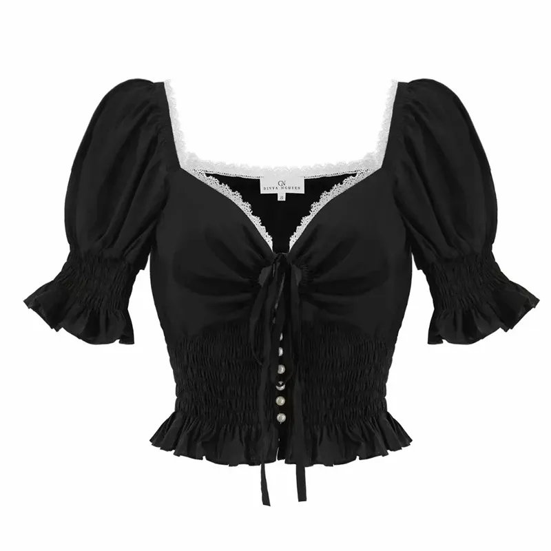 Sommer Pelpum Tunika Bluse Tops Damen Rüschen schickes schwarzes Hemd Vintage V-Ausschnitt Perlenknopf Strand 210427