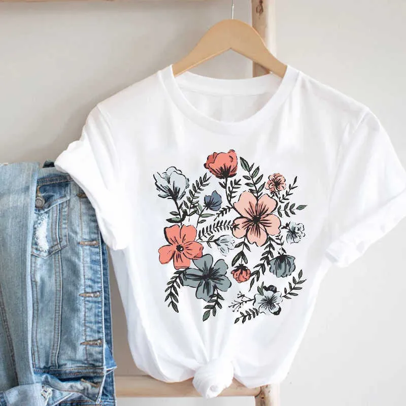 Kobiety Drukowanie Kwiatowy Trend Kwiatowy Styl Cute Love Walentynki Moda Ubrania Drukuj Tee Top Tshirt Kobiet Koszulka Graficzna X0527