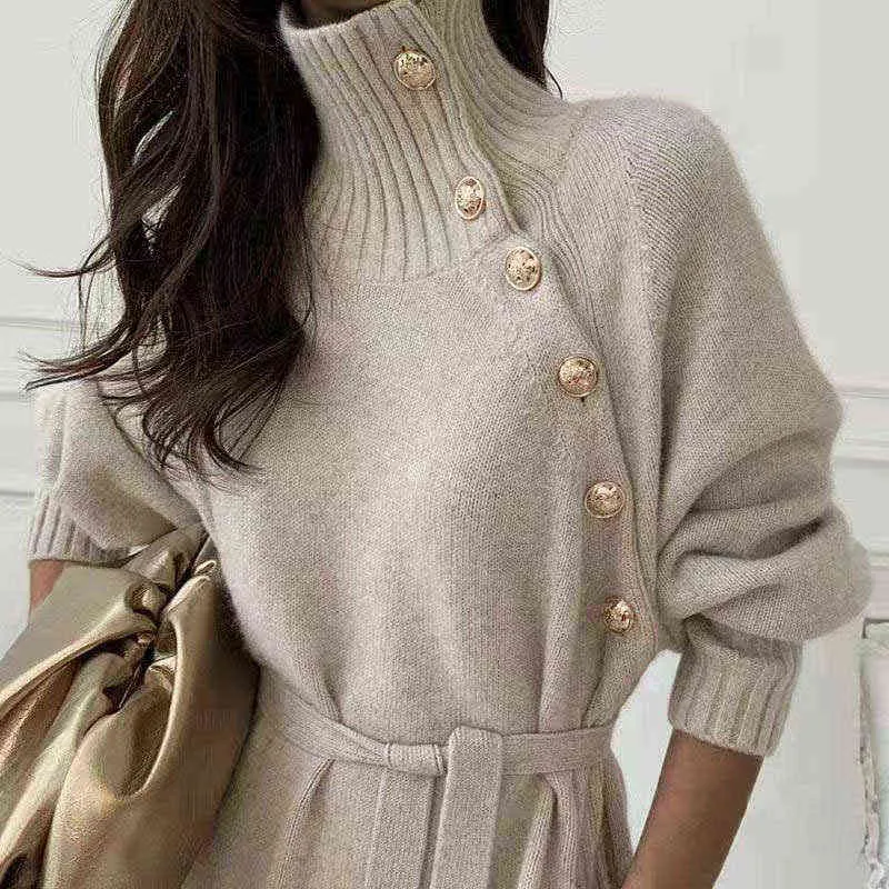 Women Casual Turtleneck Warm Knitted Sweater Dress Female Elegant Solid Lace-Up Dress Knitted Ladies Fashion Autumn Winter Dress G1214