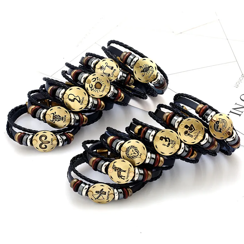 Zodiac Beaded Strands Bracelet for Women Men 12 Constellation Hand Woven Leather Bracelets Braided Punk Chain Cuff Length 22.5CM