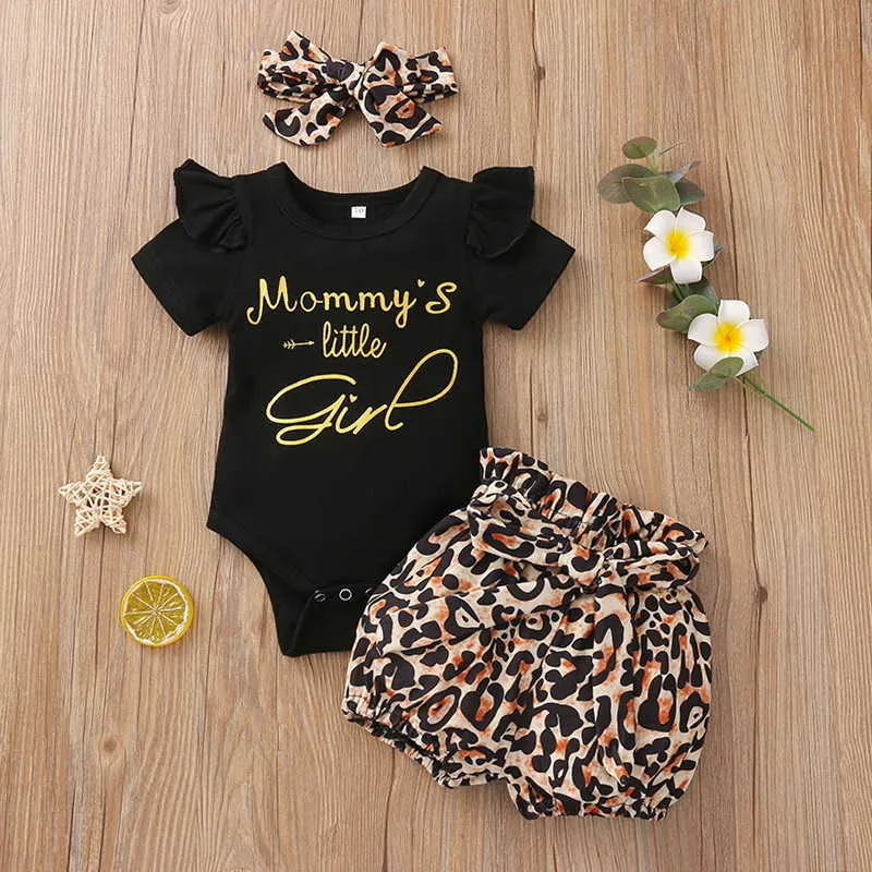 Alla hjärtans dag Flickor Outfits Black Crown Brev Kortärmad Jumpsuit + Leopard Bow Shorts Baby Girl Kläder E22186 210610