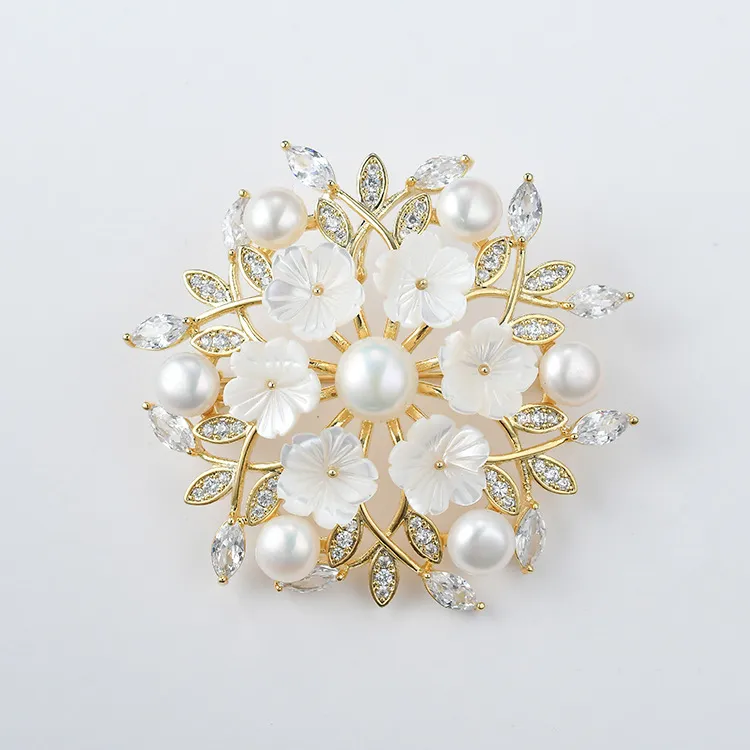 SINZRY factory price luxury Korean jewelry fancy decorative natural shell fresh water pearl flower suit brooches jewellery gift
