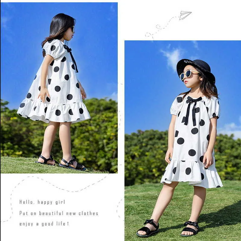 Koreaanse stijl zomer tieners meisjes jurk boog puff sleeves dot ruches prinses jurken mode kleding E397 210610