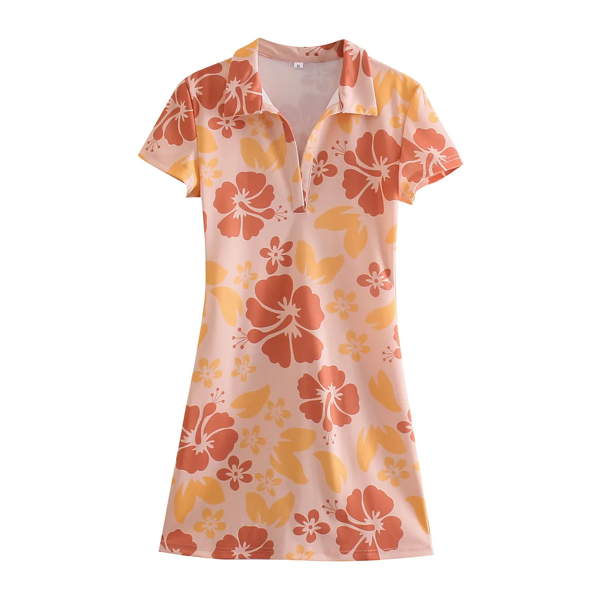 Summer Dress Woman Orange Floral Print Mini Women Casual Short Sleeve Going Out Ladies es Fashion Streetwear 210430