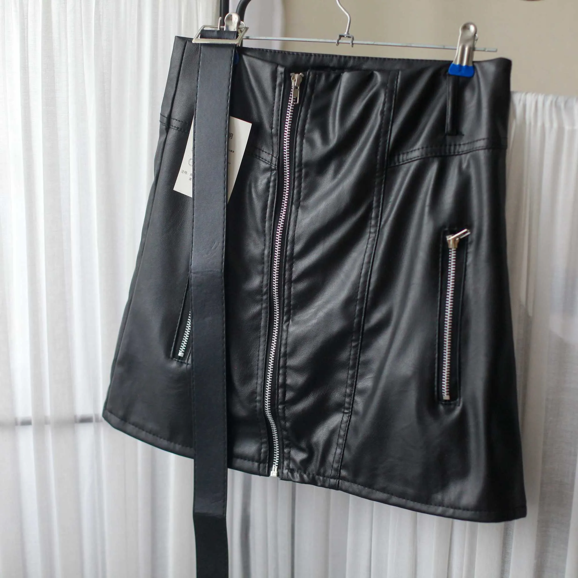 Taille haute automne hiver Mini jupes courtes noir Double fermeture éclair A-ligne jupe en cuir PU 210621
