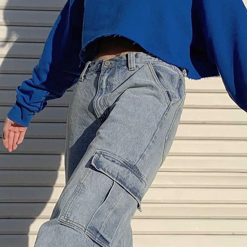 Weekeep Pockets Patchwork High Waist Jeans Women Streetwear Straight Jean Femme Blue 100% Cotton Cargo Pants 210922