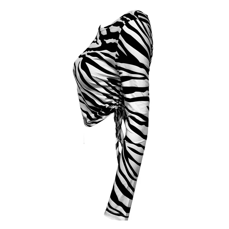 Kvinnor T-shirt Zebra Pattern Striped Print Spring Höst Kort Lace-up Casual O-Neck Skinny Slim Fit Streetwear Toppar 210522