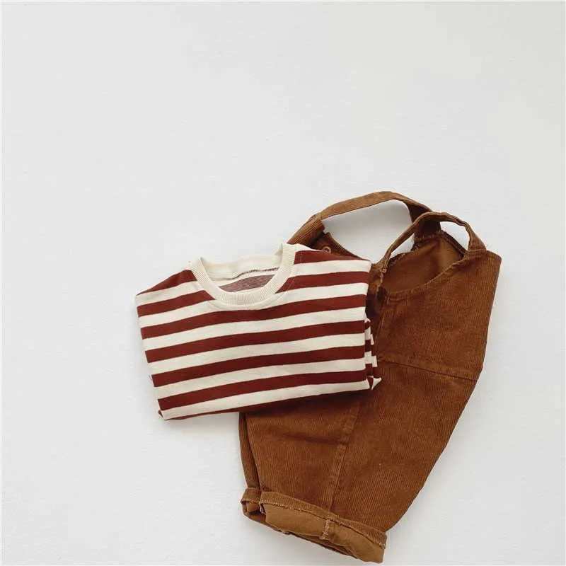 Gros printemps bébé ensembles à manches longues sweat-shirt rayé + salopette en velours côtelé marron style lâche vêtements pour enfants E3939 210610