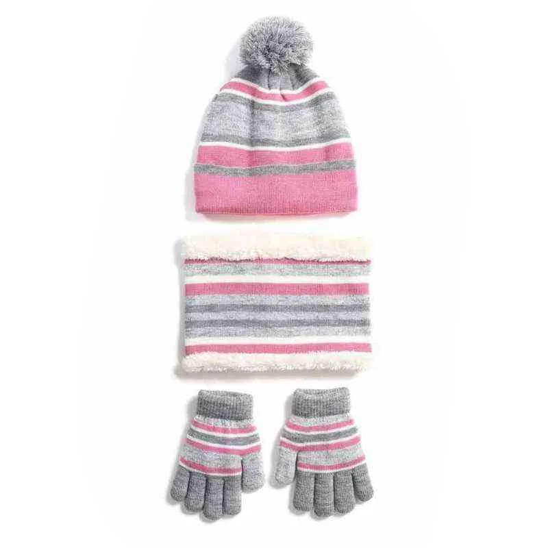 Enfants hiver tricot 3 pièces bonnet chapeau écharpe gants ensemble contraste couleur rayé épais peluche doublé pompon crâne cache-cou