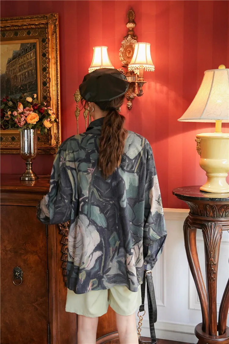 Outono pintura verde manga comprida blusa mulheres botão para cima camisa solta impressão floral moda vintage top wall roupas 210427