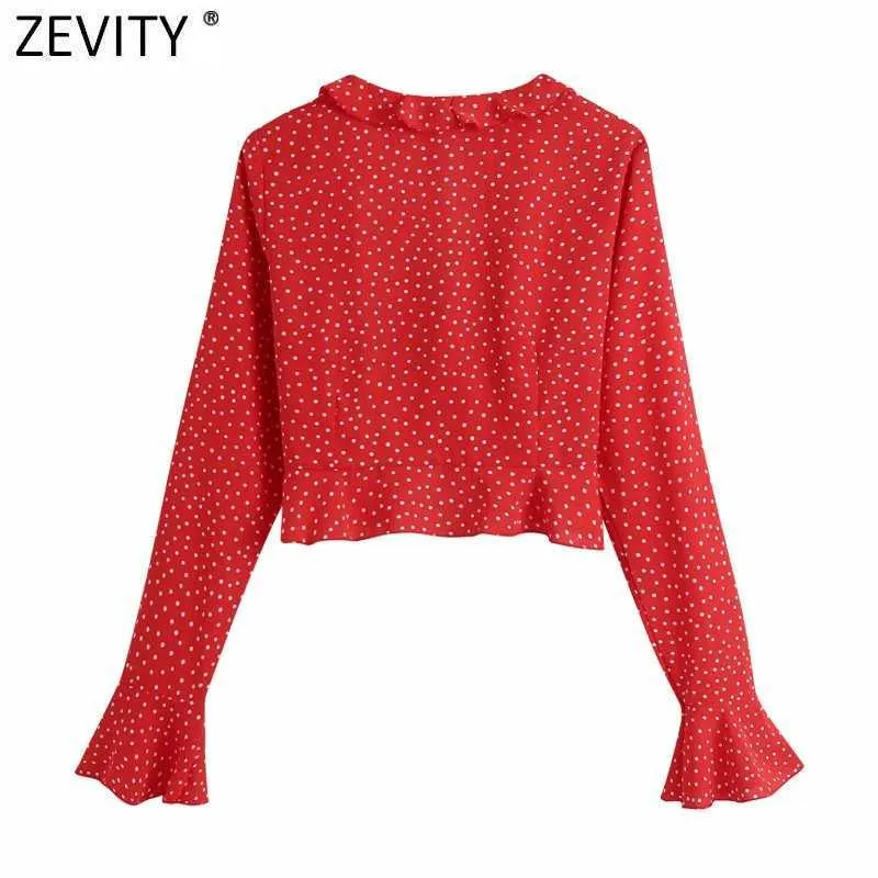 Zeefity Dames Cascading Ruffles V-hals Dots Print Korte Smock Blouse Dame Butterfly Sleeve Shirt Chique Bow Blusas Tops LS7689 210603