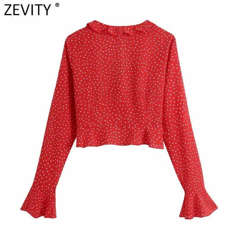 Zevity Women Cascading Ruffles V Neck Dots Print Short Smock Blouse Lady Butterfly Sleeve Shirt Chic Bow Blusas Tops LS7689 210603