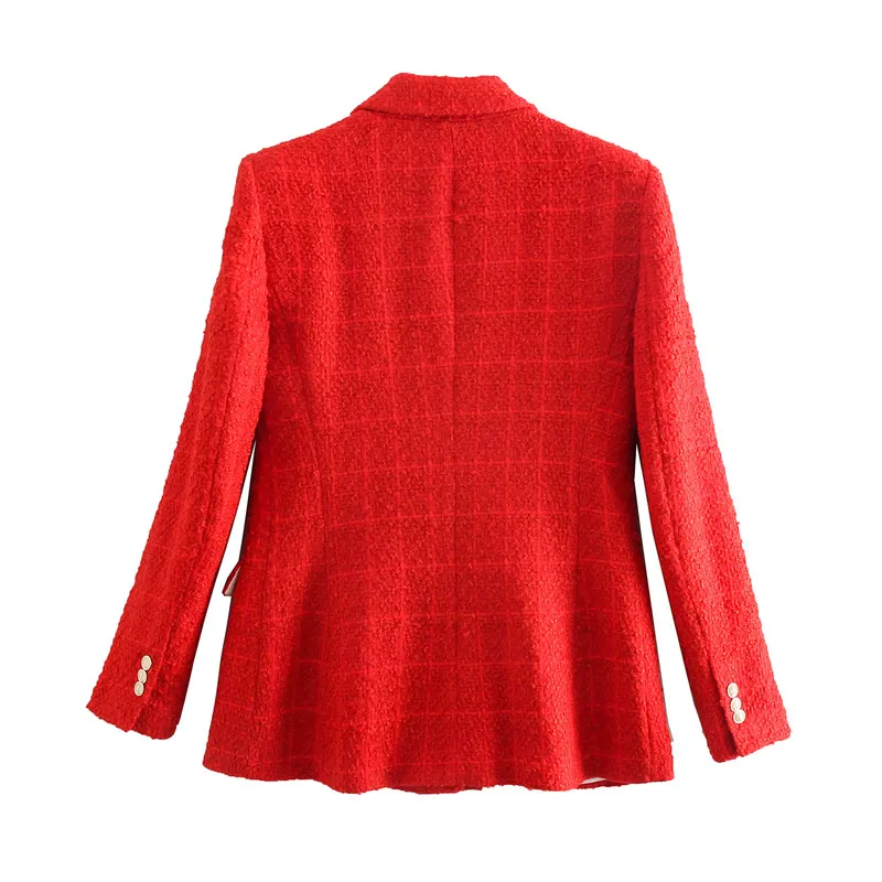 Kobiety Plaid Twill Elegancka Kurtka Blazer Długie Rękaw Office Casual Krótki Płaszcz Collar Collar Damskie Topy Czerwona Odzieży Wierzchniej 210430