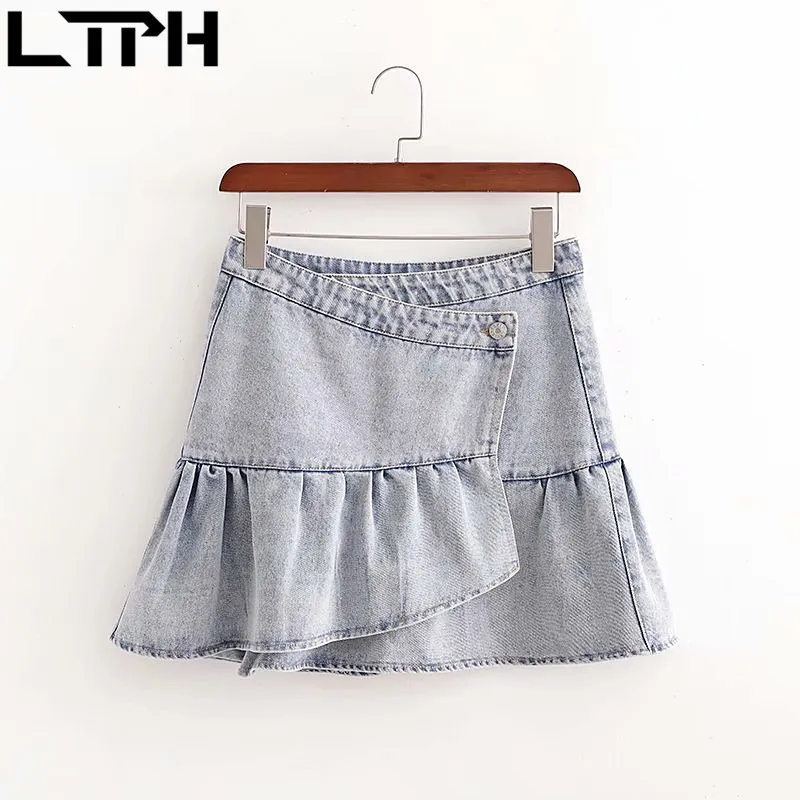 vintage Distressed Ruffles Denim jupe Taille Haute A-Line all-match Casual Package Hanche Mini Femmes Jupes Automne 210427