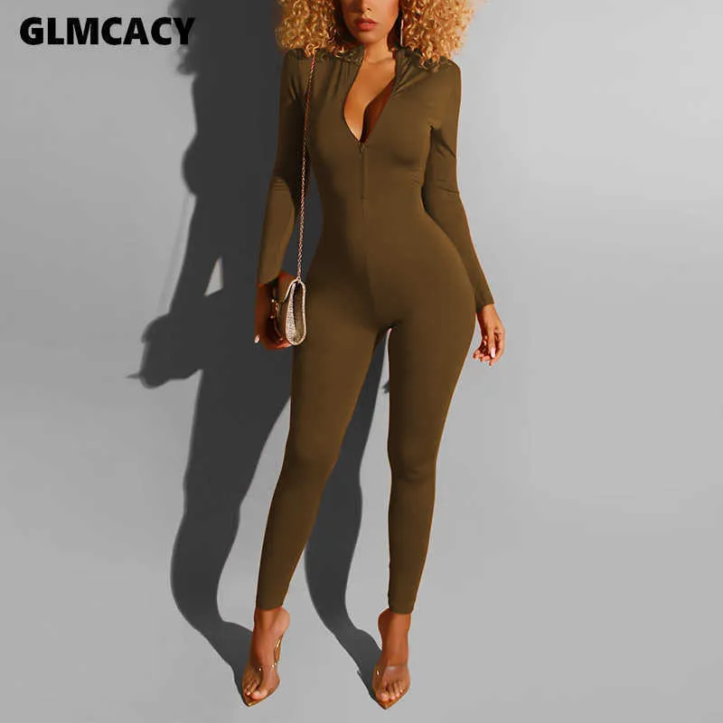 Women Long Sleeve Plunge V-neck Bodycon Jumpsuit Skinny Slim Fit Stretch Spring Fall Night Out Club Party Overall 210702