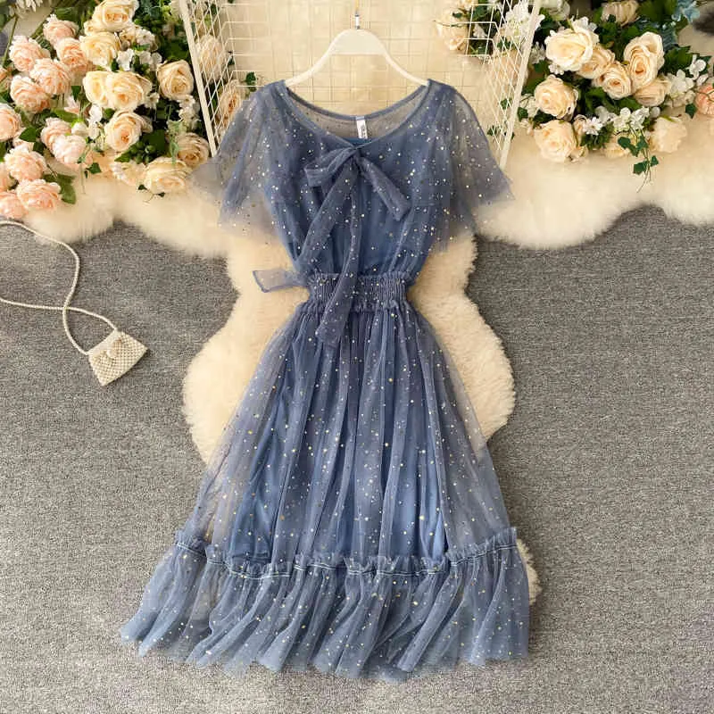 Korobov Korean Summer New Sequined Mesh Dress Ruffles O Neck Sweet Vestidos Femme Lacing Bow Bling Dresses 210430