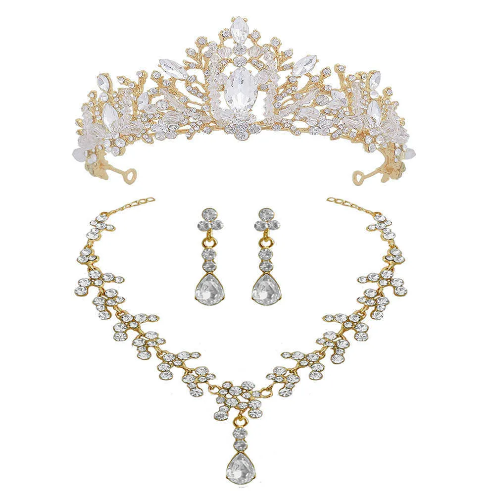 2021 Baroque Crystal Water Drop Bridal Jewelry Sets Rhinestone Tiaras Crown Necklace Earrings Bride Wedding Dubai Jewelry Set H1022