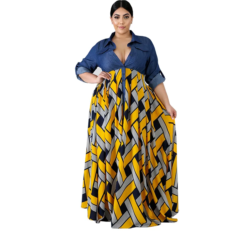 Jesień Odzież damska V Neck Denim Crop Top Długim Rękawem Vintage Maxi Dresses dla kobiet Plus Size Dress Hurtownie Dropshipping 210319