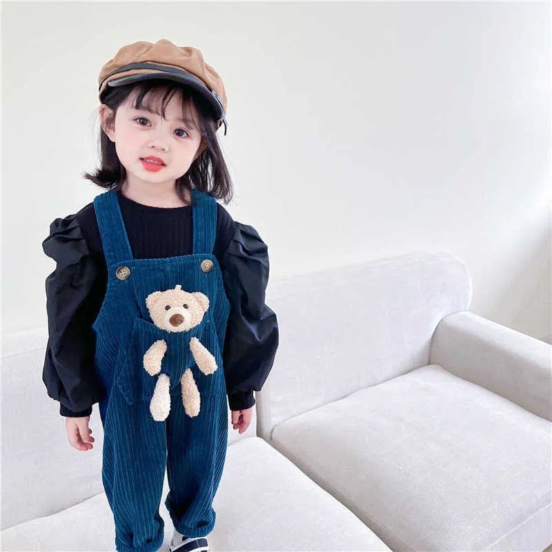 Toptan Bahar Bebek Kız 2-ADET Setleri Uzun Kollu Toprak Renk Gömlek + Kadife Ayı Tulum Çocuk Giysileri E7036 210610