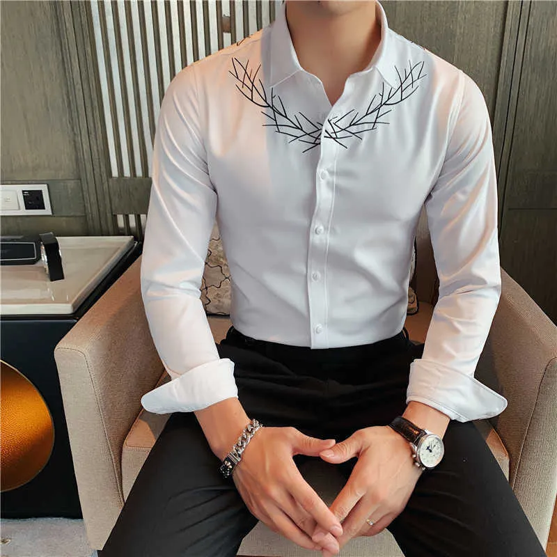 Camicie autunnali uomo Camicia a maniche lunghe ricamata Camicia casual coreana slim fit Camicia formale da lavoro Top Chemise Homme 210527