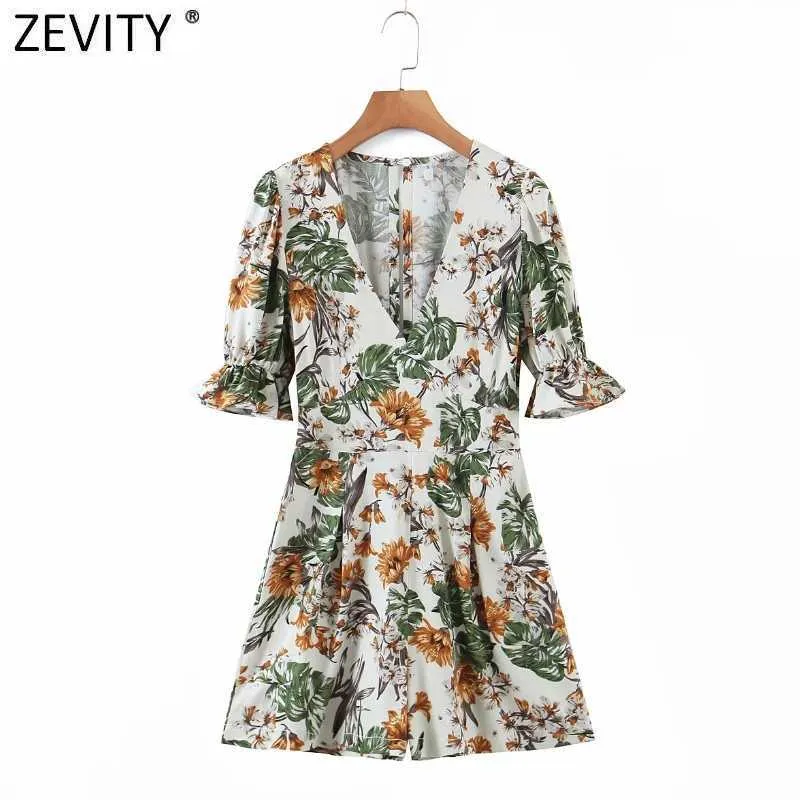 Zevidade Mulheres Tropical Floral Impressão Ruffles Playsuits Femme Back Zipper Slim Largo Perna Shorts Siamese Chic Beach Macacão P1017 210603