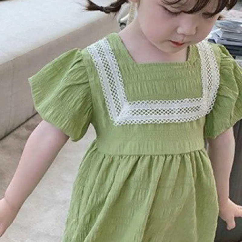 Летние девушки платье корейский стиль квадратный воротник кружева шить принцесса ребенок детская детская одежда для девушки 210625