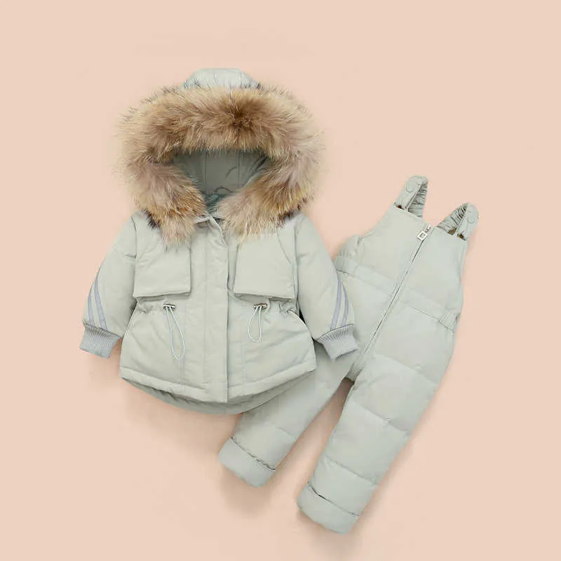 겨울 어린이 의류 세트 눈 정장 재킷 + Jumpsuit 세트 아기 소년 소녀 오리 아래로 코트 유아 소녀 옷 210916