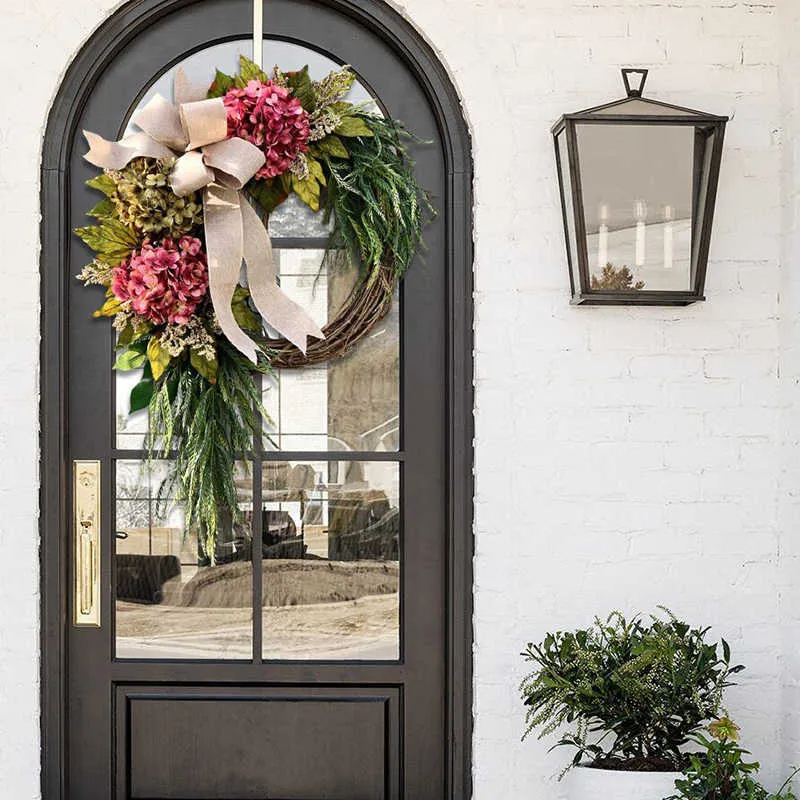 農家ピンクのアジサイの花輪の素朴な家の装飾玄関の壁の装飾用人工花輪Q0812241N